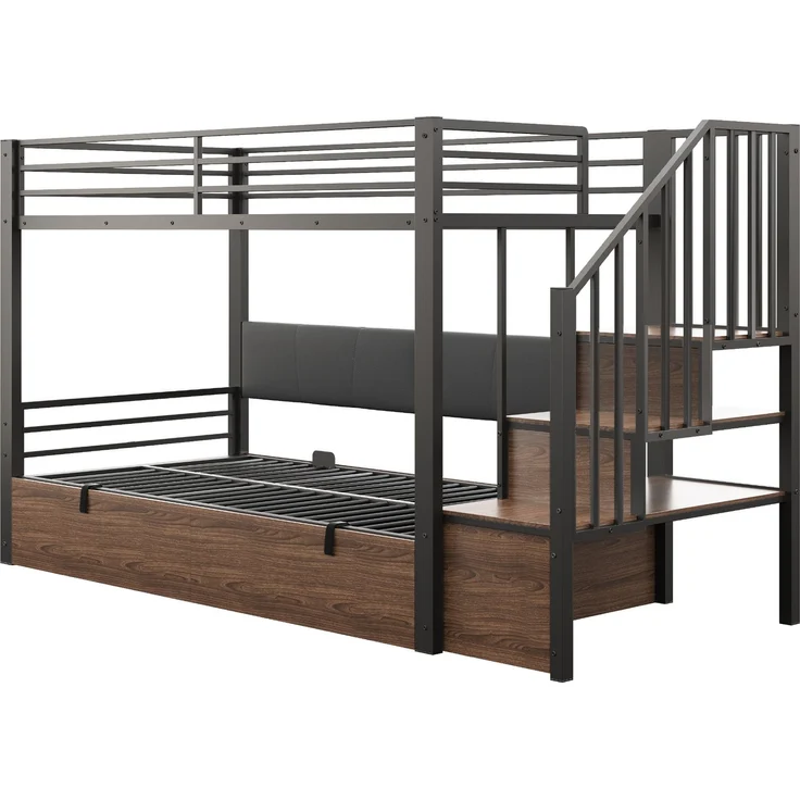 Merax Hochbett 90 x 200 cm, Etagenbett, Jugendbett, Weich gepolsterte Rückenlehne aus PU, Hydraulische Funktion, Sicherheitsleiter, Schwarz – Bild 6