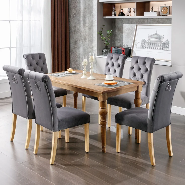 Esszimmerstühle, Samt, Set aus 2 mit Eichenbeinen & Knopfdetails, 43 x 65 x 101 cm, Grau – Bild 3