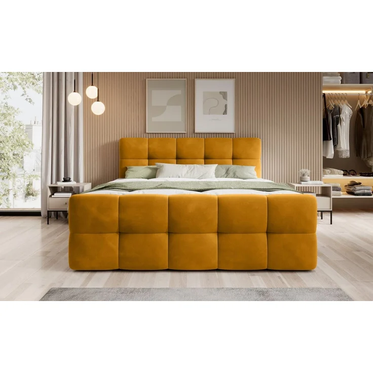 thematys Boxbett mit Bettkasten 180x200cm, mit Bonnellfederkernmatratze H3, Bouclé/Velours, mit Stauraum, mit 3 cm Topper, Senfgelb (Velluto 08), Art.-Nr. S04GH0RGHI0 – Bild 2