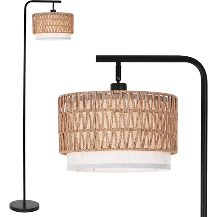 LuminexDesigns Rattan Stehlampe Boho für Wohnzimmer, Vintage Rustic E27 Stehleuchte Schlafzimmer mit Doppel-Lampenschirm, 173 cm Hoch, Schwarz, Schwer Standfuß, Verstellbarer Lampenkopf, Fußschalter – Bild 1