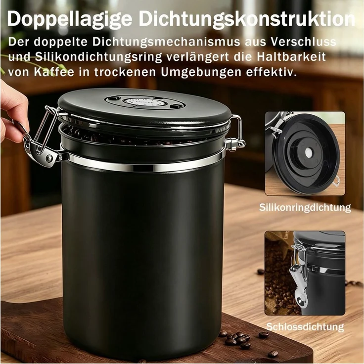 AKKEE Kaffeedose Edelstahl Luftdicht Kaffeebohnen Vorratsdose Mit Löffel 1.5/1.8L, Luftdichte Kaffeebehälter – Bild 4