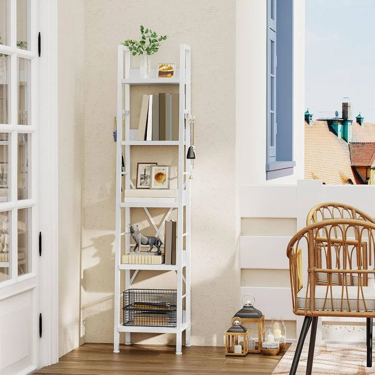 YITAHOME Schmal Bücherregal mit 5 Ebenen 35 cm Breit, Industrielles Leiterregal Standregal Holzregale und Metallrahmen, Modernes Regal für Wohnzimmer, Büro, reinweißes – Bild 4