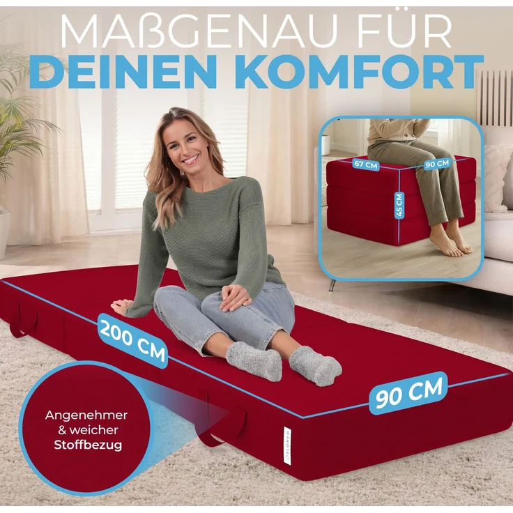 Bestschlaf 'ELONEO' Klappmatratze für Erwachsene, waschbarer Bezug, Polyester Rot, 90 x 200 cm – Bild 2