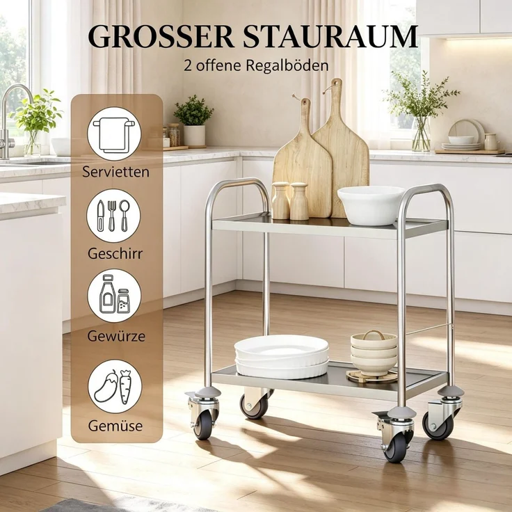 Küchenwagen 80x45x82 cm aus Edelstahl mit 2 Ablagen und 4 Rollen – Bild 5