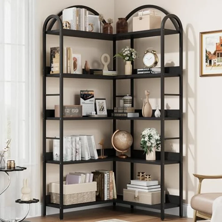 GarveeLife 5-Stufige Eckbibliothek, Bibliothek Aufbewahrun-l-Förmige Eckregal, Stehregal & Aufbewahrungsregal Für Wohnzimmer, Schlafzimmer, Büro & Arbeitszimmer 78p x 78l x 174h-Schwarz – Bild 6