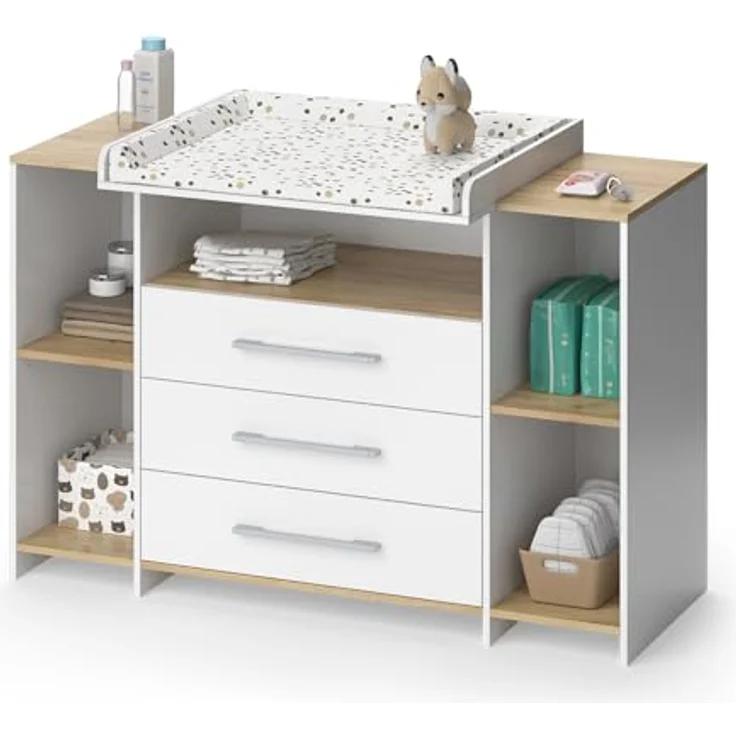 Vichy Wickelkommode Oskar, Weiss/Goldkraft Eiche, mit Wickelaufsatz und 3 Schubladen, 143.2 x 93 cm – Bild 6