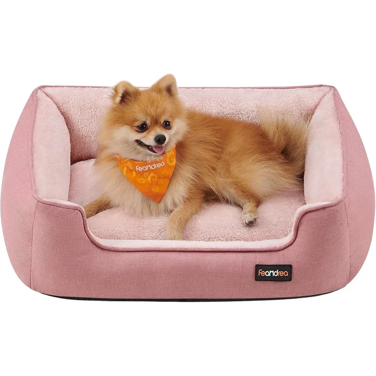Feandrea Hundebett, in Leinenoptik, erhöhte Ränder, rutschfeste Unterseite, Bezug abnehmbar waschbar, M, für kleine Hunde, pastellrosa, 70 x 55 x 21 cm – Bild 1