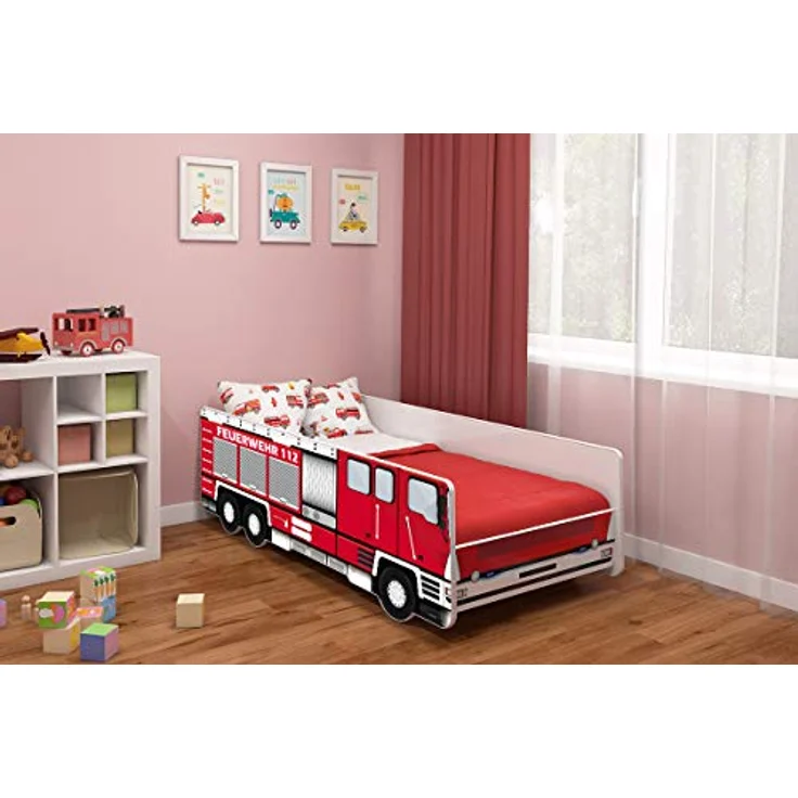 ACMA Kinderbett Auto-Bett Feuerwehr mit Rausfallschutz, Lattenrost und Matratze (160x80) – Bild 3