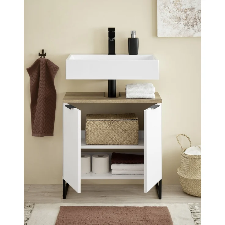 Waschbeckenunterschrank >Denver< 2 Türen, weiß matt / Evoke Eiche dekor - 60x60x35cm (BxHxT) – Bild 8