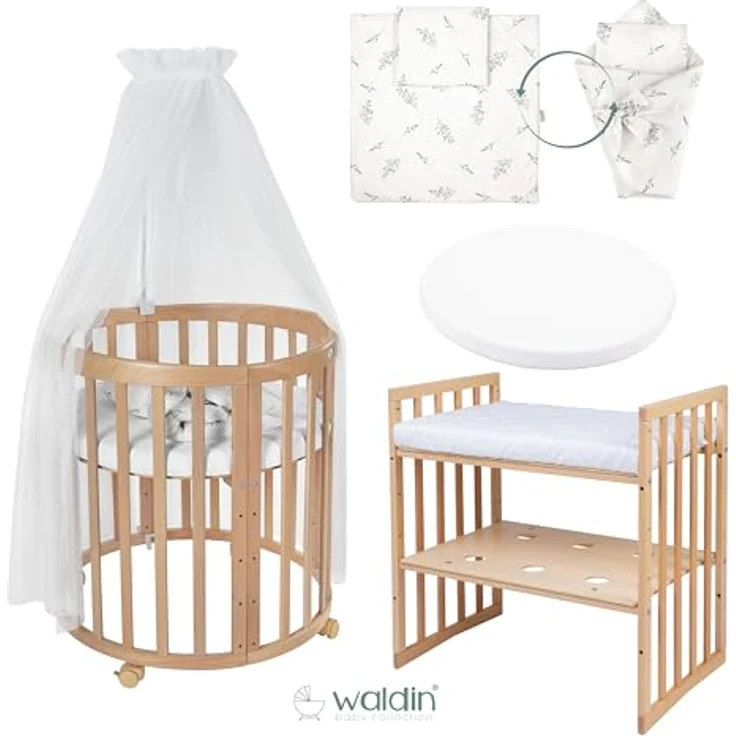Waldin Oval Baby-Bett Mitwachsend Komplett Set 7in1, Gitterbett, Kinderbett mit Matratze, Wickelkommode, Beistellbett, Holz Natur, Stoffe Weiß Zweige – Bild 4