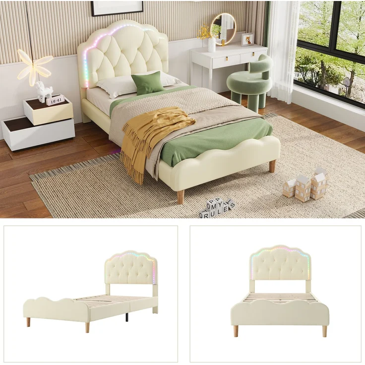 U-life Polsterbett 90x200 cm, Einzelbett und Kinderbett, mit wellenförmigem Kopfteil, LED-Lichtleiste und PU-Bezug, Beige – Bild 6
