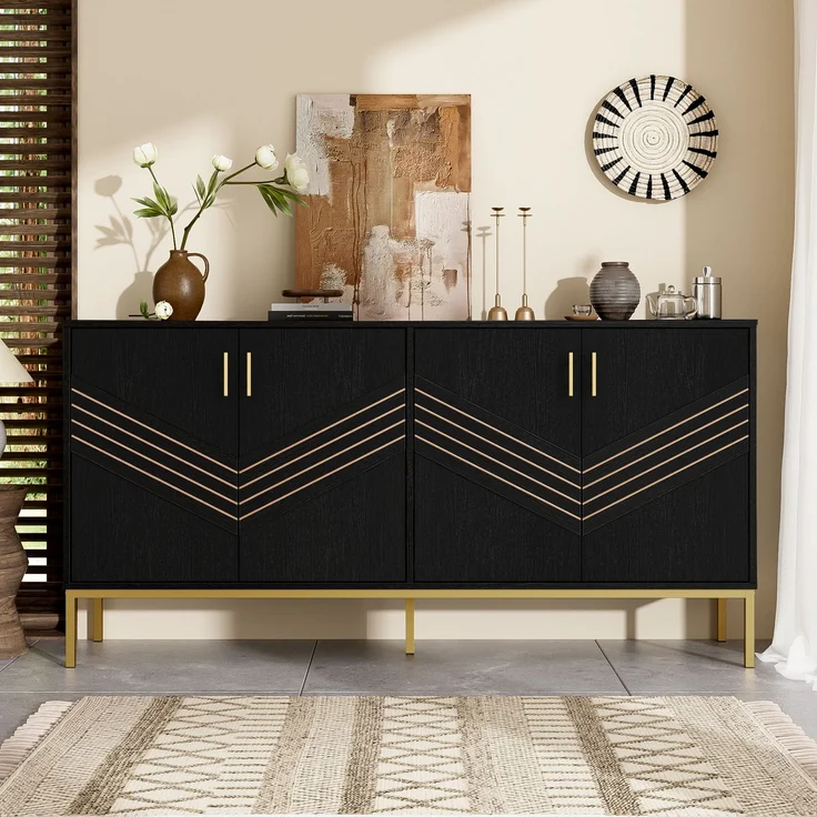 ZUBALIYA Sideboard 160x40x80,5 cm, mit verstellbaren Einlegeböden, mit 4 Türen, aus MDF, Schwarz / Holzfarben – Bild 5