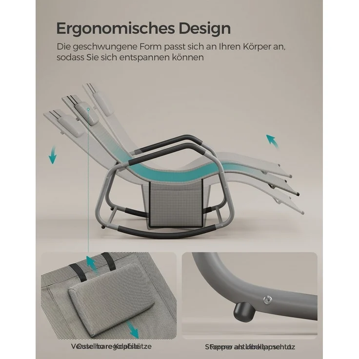 Songmics Schaukelstuhl, Liegestuhl, Stopper als Umkippschutz, verstellbare Kopfstütze, Stahlrahmen, atmungsaktiv, Seitentasche, 156,2 x 97,3 x 151 cm, taubengrau GCB230G01 – Bild 2