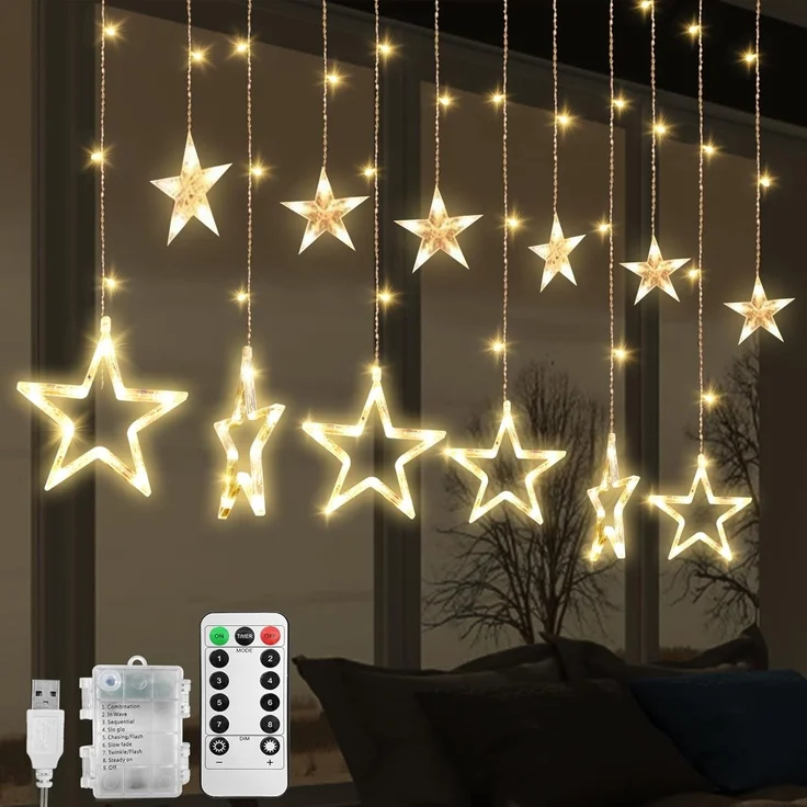 Lichterkette Sterne, 138 LEDs 2.5m Weihnachtslichterkette, Lichterkette Innen/Außen, Wasserdicht Weihnachtsbeleuchtung mit 12 Sterne und 8 Modi, Weihnachtsdeko Für Fenster, Balkon (A - Warmweiß) – Bild 1