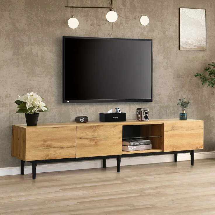 Moderner TV-Schrank aus MDF mit Holzmaserung, 175 x 31 x 41 cm, variable LED-Leuchten in 7 Farben, 175x31x41cm, Helle Eiche – Bild 4