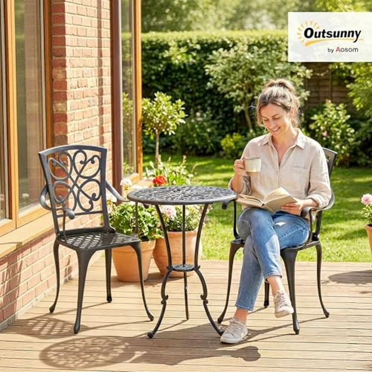 Outsunny Balkonset mit 2 Stühlen, Sonnenschirmloch, (Garten Bistro Set, 3-tlg, Antik Bistro Gartenmöbel), für Garten Terrasse Schwarz – Bild 2