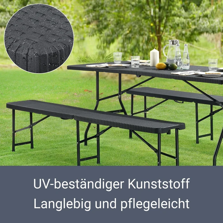 Juskys 'Bayreuth' Bierzeltgarnitur, 3-teilig, Klappbar, Kunststoff, 180 x 74 x 74 cm, Schwarz – Bild 6
