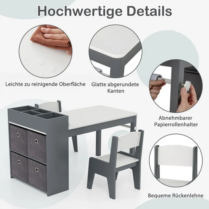 KOMFOTTEU Kindersitzgruppe, mit Papierrollenhalter, Lagerregalen & 4 Stoffbehältern – Bild 2