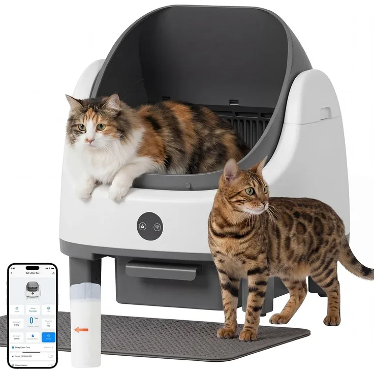 Aoxun Selbstreinigende Katzentoilette, Katzenklo Selbstreinigend mit Sicherheits Geruchskontrolle, Automatischer App-Steuerung für Katzen, Inklusive Katzenstreumatte,Müllbeutel und Duftbox, Grau
