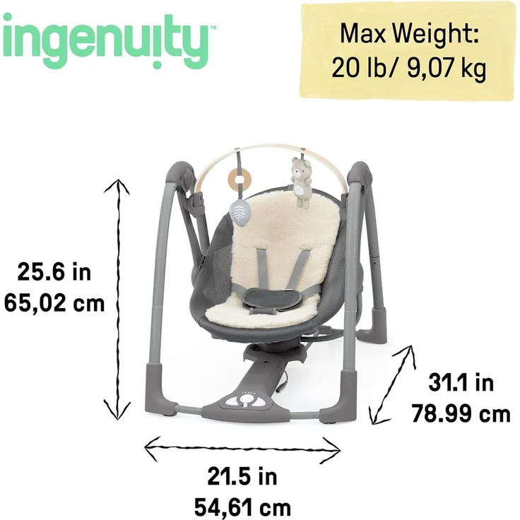 Ingenuity Every Season Swing 'n Go Tragbare Schaukel - Khlende und wrmende Stoffe, abnehmbare nachhaltige Spielzeugstange aus Holz, 2 Spielzeuge, Musik, motorisierte, fr 0-9 Monate, Grau - Wesley – Bild 3