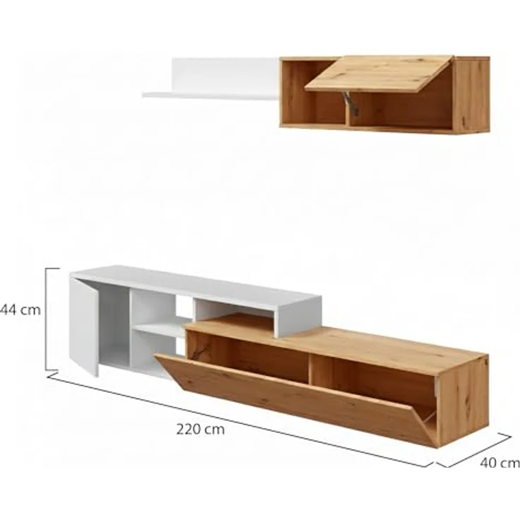 Dmora - Wohnzimmermöbel Miami, Wohnmöbel mit umkehrbarem TV-Ständer, Wohnzimmerkomposition mit Schrankwand und Regal, 220 x 40 x 44 cm, Eiche mit Asteffekt und Weiß – Bild 10