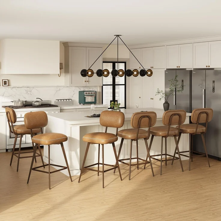 MALOL 360° Drehbarer Barhocker, Leder Bar Hocker 6er Set mit Rückenlehne, StilErgonomischer Barhocker mit Fußstütze, Moderner Küchenhocker mit Metallbeine für Theke, Bar, Esszimmer, Braun