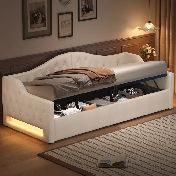 Gepolstertes Tagesbett, 90x200, mit LED-Gürtel und Stauraum darunter, Beige, 90 x 200 cm