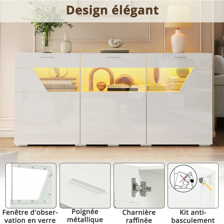 ZUBALIYA Sideboard 160x38x78 cm, mit LED-Beleuchtung, Hochglanz, mit 3 Türen, aus Spanplatte, Weiß – Bild 15