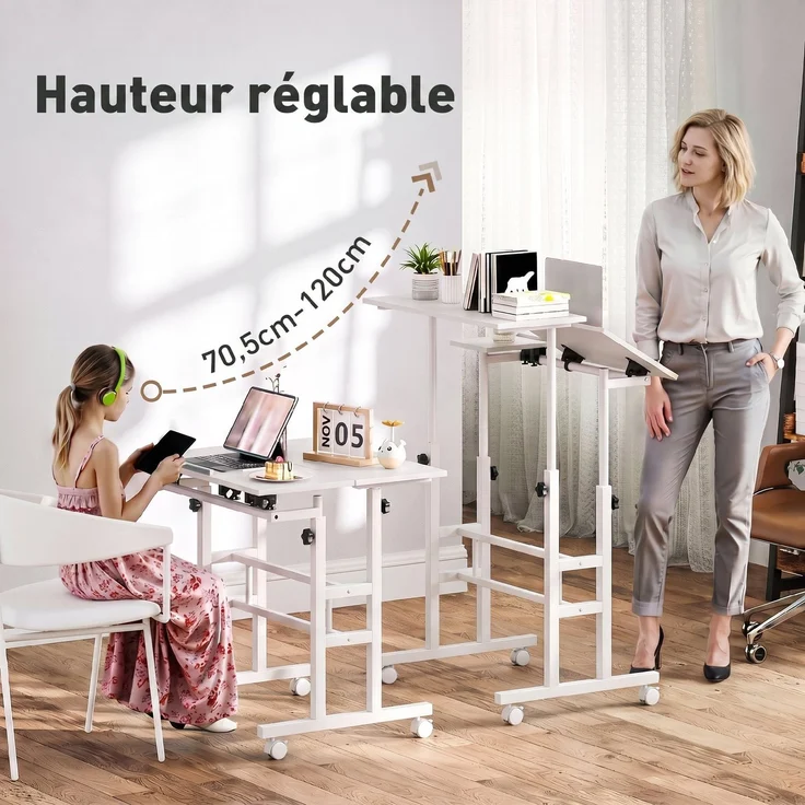 Steh-Sitz-Schreibtisch, höhenverstellbarer Schreibtisch 70 x 60 cm, auf Rollen mit neigbarer Tischplatte, 70 x 60 x 70,5–120 cm, Weiß – Bild 6