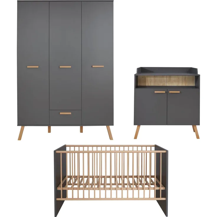 Trendteam 'Mats' 3-tlg. Babyzimmer-Set, grau, aus Bett 70x140, 3-trg. Kleiderschrank und Wickelkommode