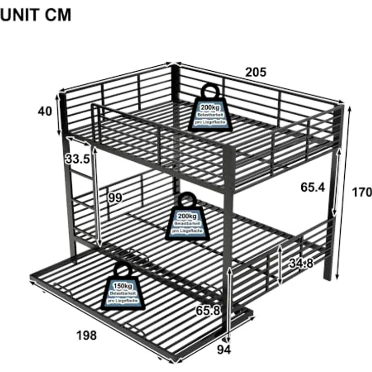 FAVSH Etagenbett 140x200 cm für 3 Personen aus Metall, Hochbett mit Rausfallschutz und Leiter, Geräuscharmes Doppelbett, rutschfest, für Jugendliche und Erwachsene, WG & Ferienwohnung, Schwarz B – Bild 2