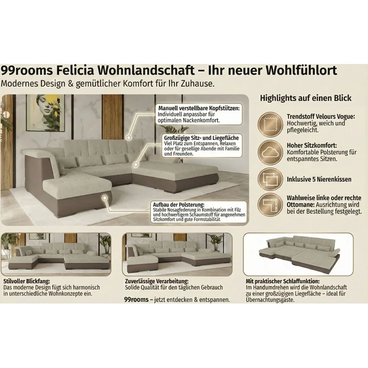 99rooms Felicia Wohnlandschaft Velours MANILA Khaki Chenille EDEN Olive Links – Bild 3