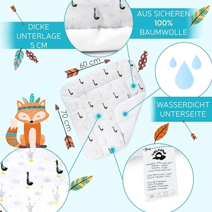 Balbina® Wickelunterlage aus Baumwolle weiche Wickeltischauflage für Wickelkommoden waschbar 60x70 I Gänse auf Weiß – Bild 4