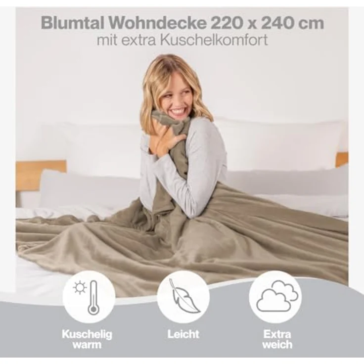 Blumtal Kuscheldecke flauschig - Oeko-TEX zertifizierte Fleecedecke 220x240 cm - Wohndecke 220x240 cm - Taupe Decke - Wohn- & Kuscheldecke - Fleecedecke Taupe – Bild 4