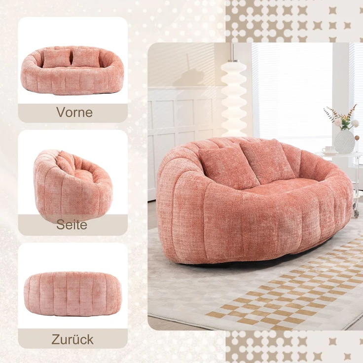 LVHOM Sitzsack XXL, Bean Bag mit Sitzpuff, Bodensofa mit 2 Kissen, 2-Sitzer-Sofa aus Chenille, 145x95x63cm – Bild 3