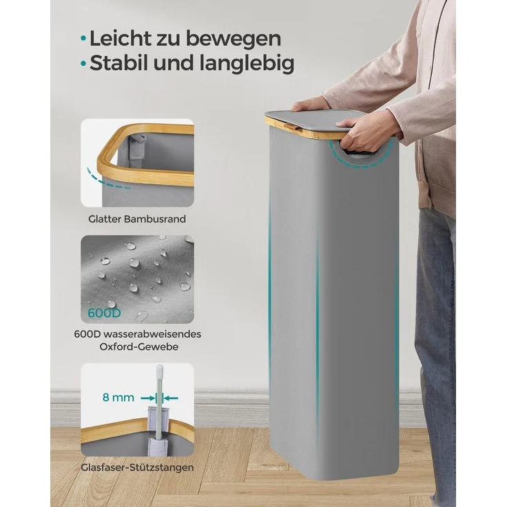 SONGMICS Wäschekorb mit Deckel und herausnehmbarem Wäschesack, zusammenklappbar, Bambus / Oxford-Gewebe taubengrau, 65 l – Bild 3