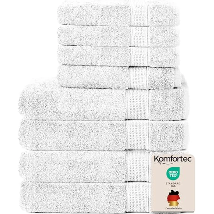 Komfortec 8er Handtuch Set aus 100% Baumwolle, 4 Badetücher 70x140 und 4 Handtücher 50x100 cm, Frottee, Weich, Towel, Groß, Weiß – Bild 2