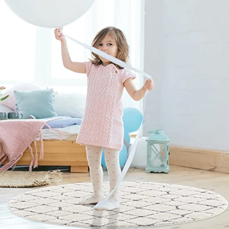Teppich Rund - Hochflor - Boho - Pastell Cream Grau - 160x160cm - Modern Raute Muster - Skandinavisch Flauschig Weich - Wohnteppich Schlafzimmer Dekoration – Bild 4