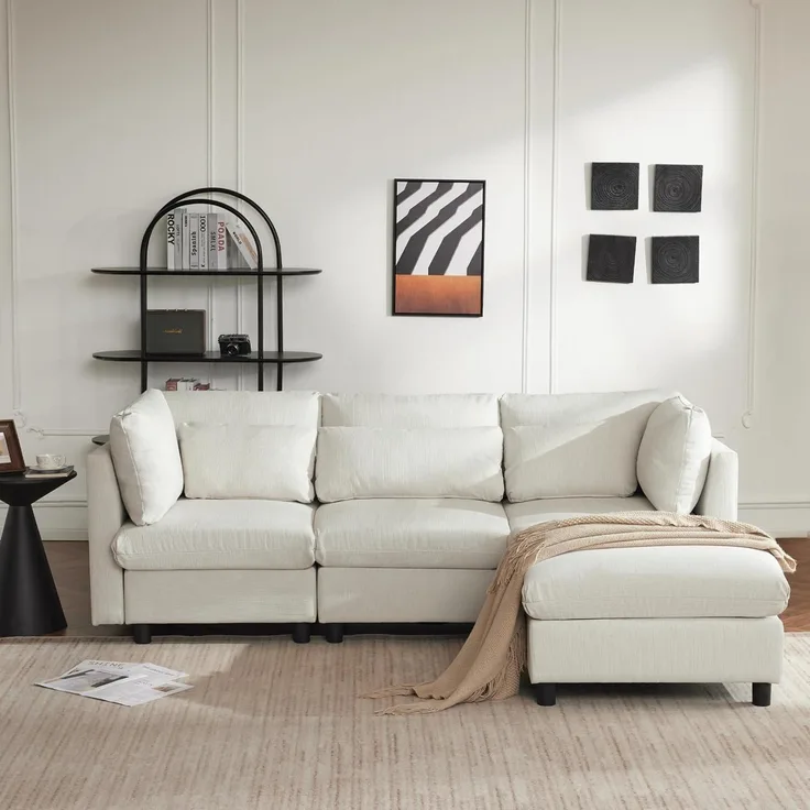 Ecksofa Fußhocker 220cm L Form 3 Sitzer Beige Ecksofa mit Fußhocker