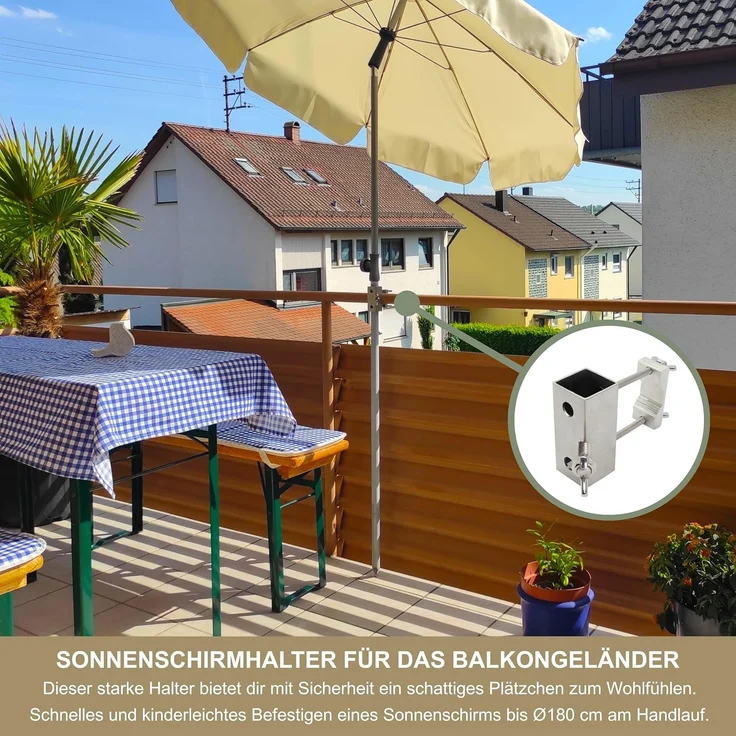 Sonnenschirmhalter aus Edelstahl für Balkongeländer rund und eckig Schirmhalterung bis Sonnenschirm 180 cm Schirmständer Balkon stabile Vierkant Halterung sichere Befestigung am Geländer – Bild 2