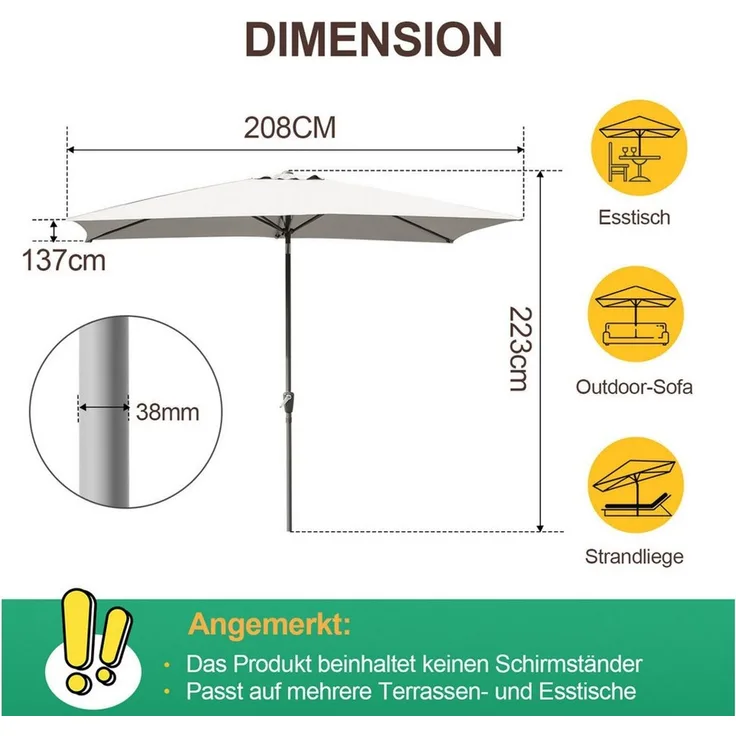 Clanmacy Sonnenschirm Sonnenschirm 140x210 cm knickbar Balkonschirm Gartenschirm UV50+ Beige, LxB: 210x140 cm, Stabiler knickbar/für Garten, Balkon, Terasse/Sonnenschutz