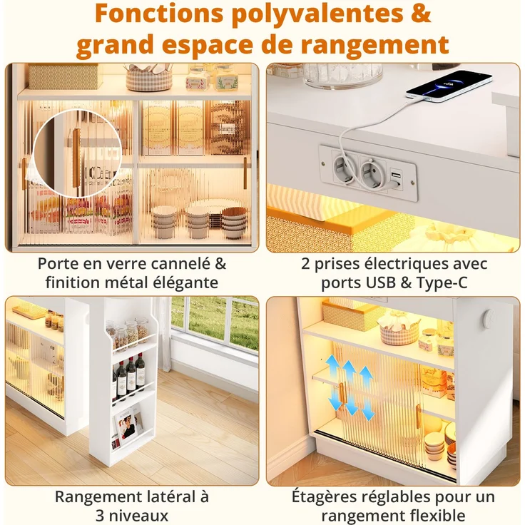ZUBALIYA Küchenschrank mit Glastüren / Barschrank & Sideboard, mit ausziehbarer Bartisch & Stehtisch mit Stauraum und steckdose, Weiß, 131–170 x 40 x 170 cm, fürs Büro, mit LED, Samt – Bild 11