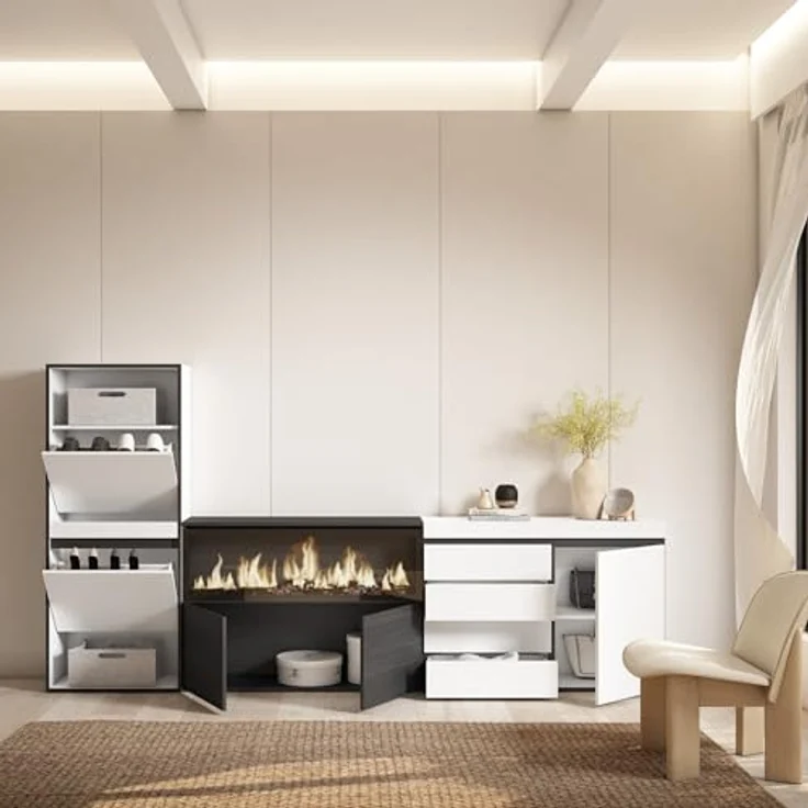 Skraut Home | Schuhregal, Schuhschrank | Schuhaufbewahrung | 274x145x35 cm | Für Schlafzimmer, Zimmer | Elektrokamin XXL | Kommode mit Schubladen | Moderner Stil | Weiß – Bild 4