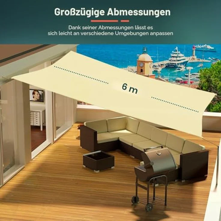 Sonnensegel, 6 x 6 m, UV-Schutz und wasserdicht, resistent gegen Sonne und Regen, für Garten, Terrasse und Terrasse, aus Polyester – Bild 6