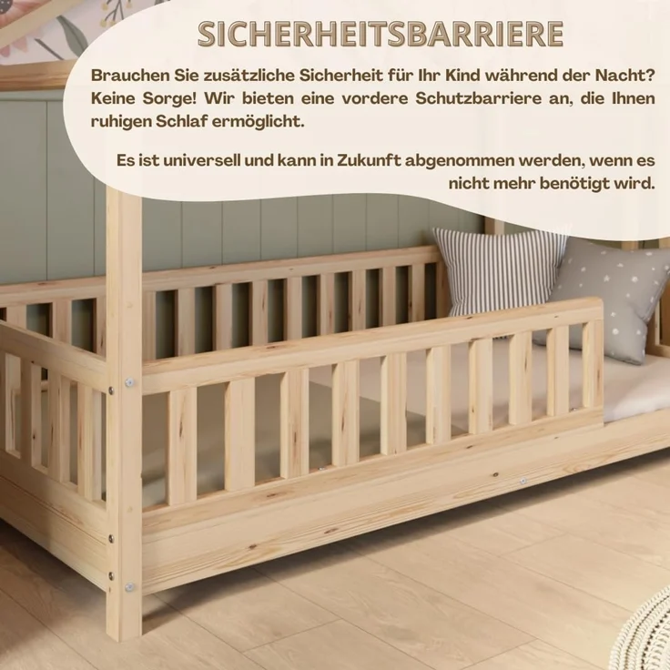Crazy Pine 'Crazy House' Hausbett mit abnehmbaren Rausfallschutz, Naturholz, Natur, 80x160 cm, mit Höhenverstellbaren Beinen – Bild 7