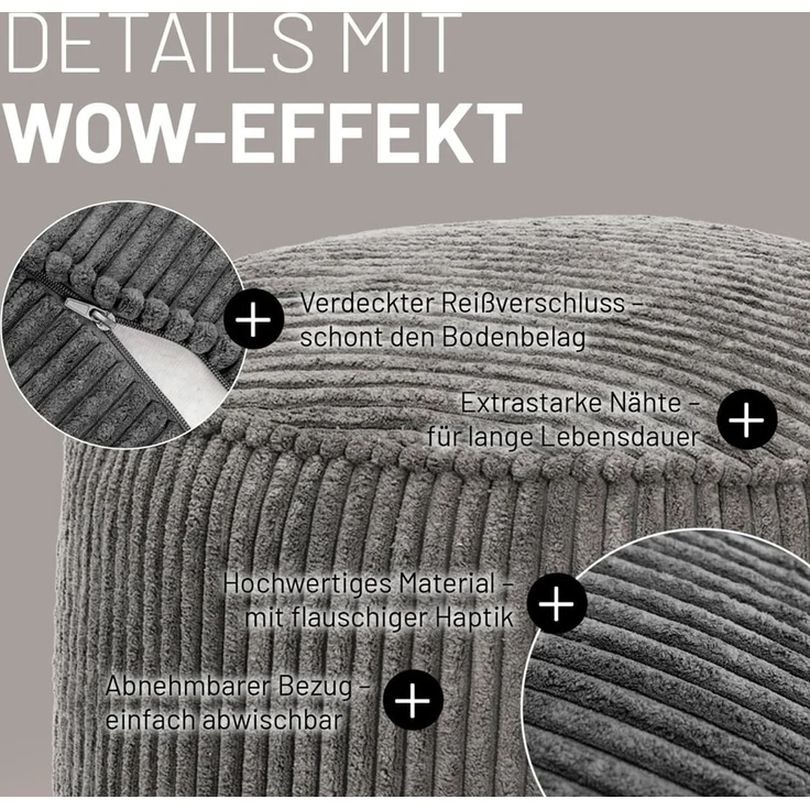 Lumaland Pouf Sitzhocker Cord Ablage kompakt 25x45 cm, pflegeleicht, Indoor Relaxen – Bild 4