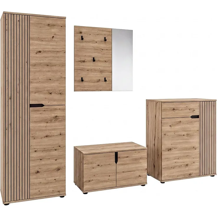 OTTO home Garderoben-Set FJELL, 4-teilig, Breite 255cm, Front mit hochwertiger Längsfräsung, (bestehend aus: Garderobenschrank, Sitzbank, Paneel & Schuhkommode), Garderobenkombination, Kombination, Set, Garderobe, Flurgarderobe