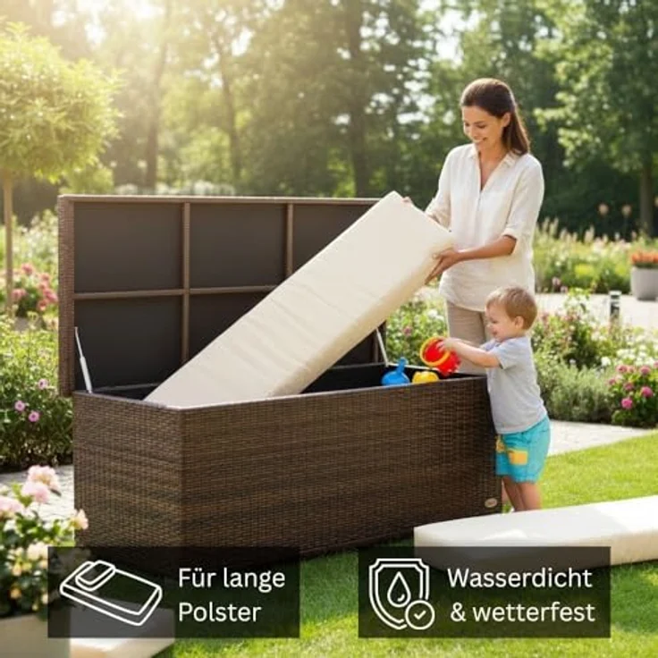 RS Trade 'Sienna' XL Kissenbox mit Doppel-Hubautomatik und Innenverkleidung, ca. 650 Liter, Polyrattan java braun, 60 x 73 x 155 cm – Bild 3