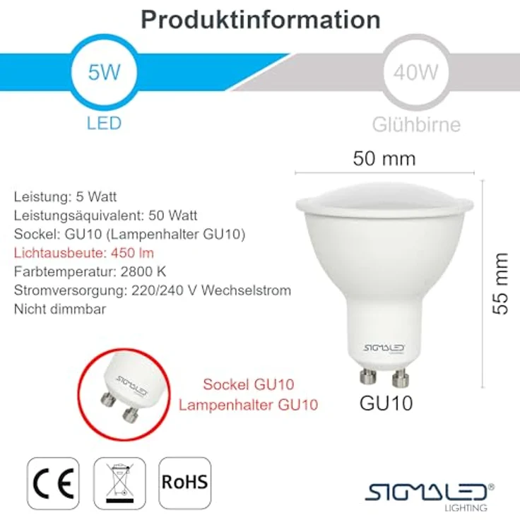Sigmaled lighting, LED-Spots mit GU10-Sockel, 5 W (= 40 W), 400 Lumen, 120°-Winkel, LED-Leuchtmittel mit warmweißes Licht (2800 K), 50 x 57 mm, 6er-Pack – Bild 2