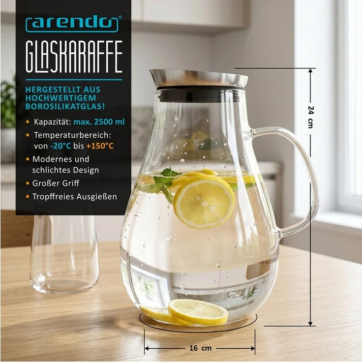 Arendo Karaffe Glaskaraffe 2,5 L, Edelstahldeckel, Henkel, Grobfilter, Wasserkaraffe, (1-tlg), Borosilikatglas, 2500 ml, Sieb, hitze- und kältebeständig, BPA-frei – Bild 2